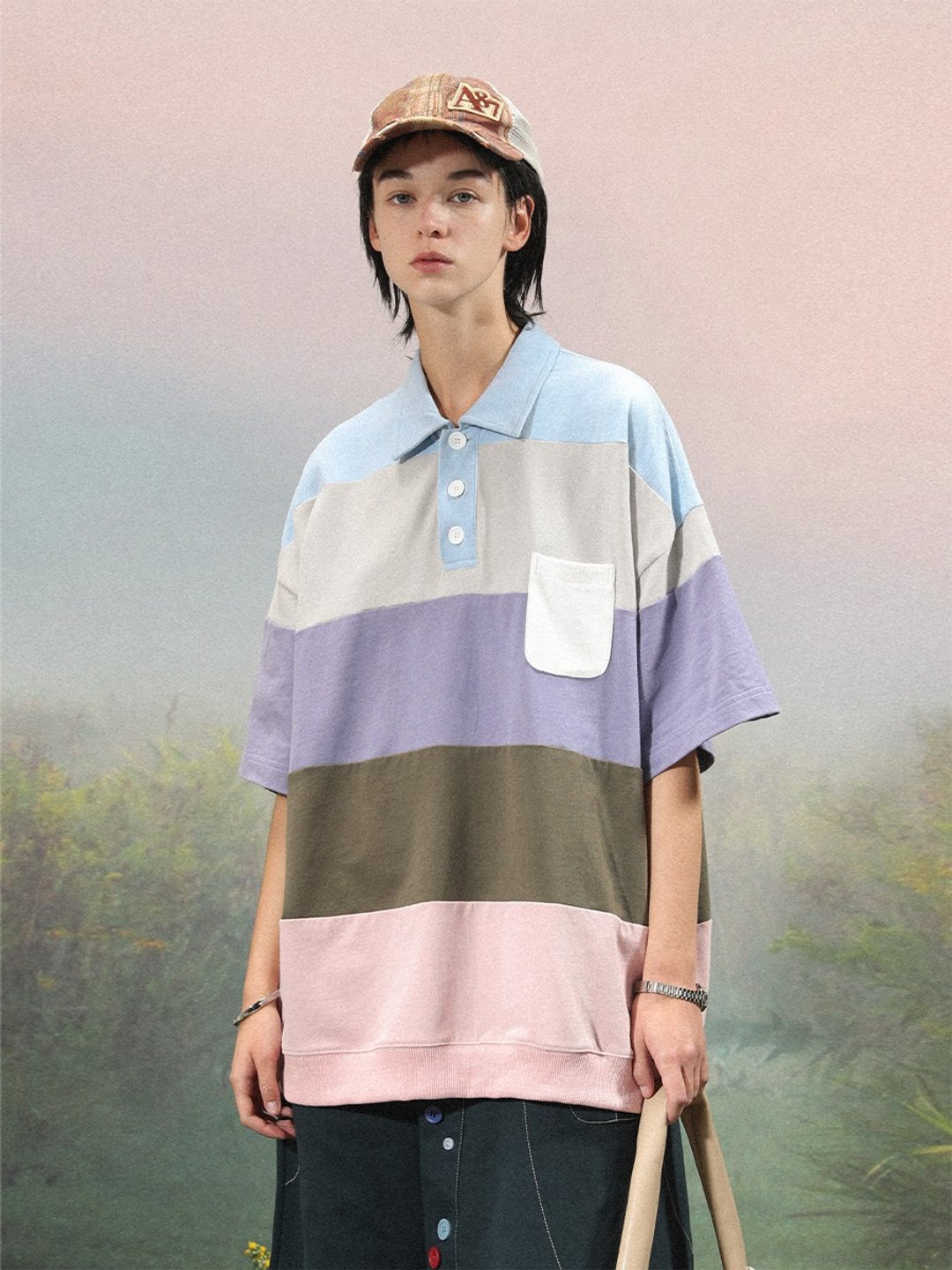 UNVESNO烟雨 彩色拼接横条口袋POLO衫短袖T恤夏季中性 SWS-1519 - 中性连帽卫衣/T 恤 - 棉 蓝色