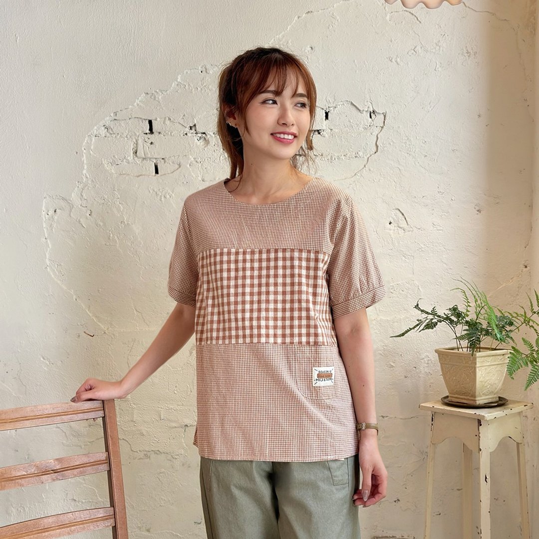 Hana Mokuba 圆领格纹小口袋上衣 - 女装上衣 - 其他材质 