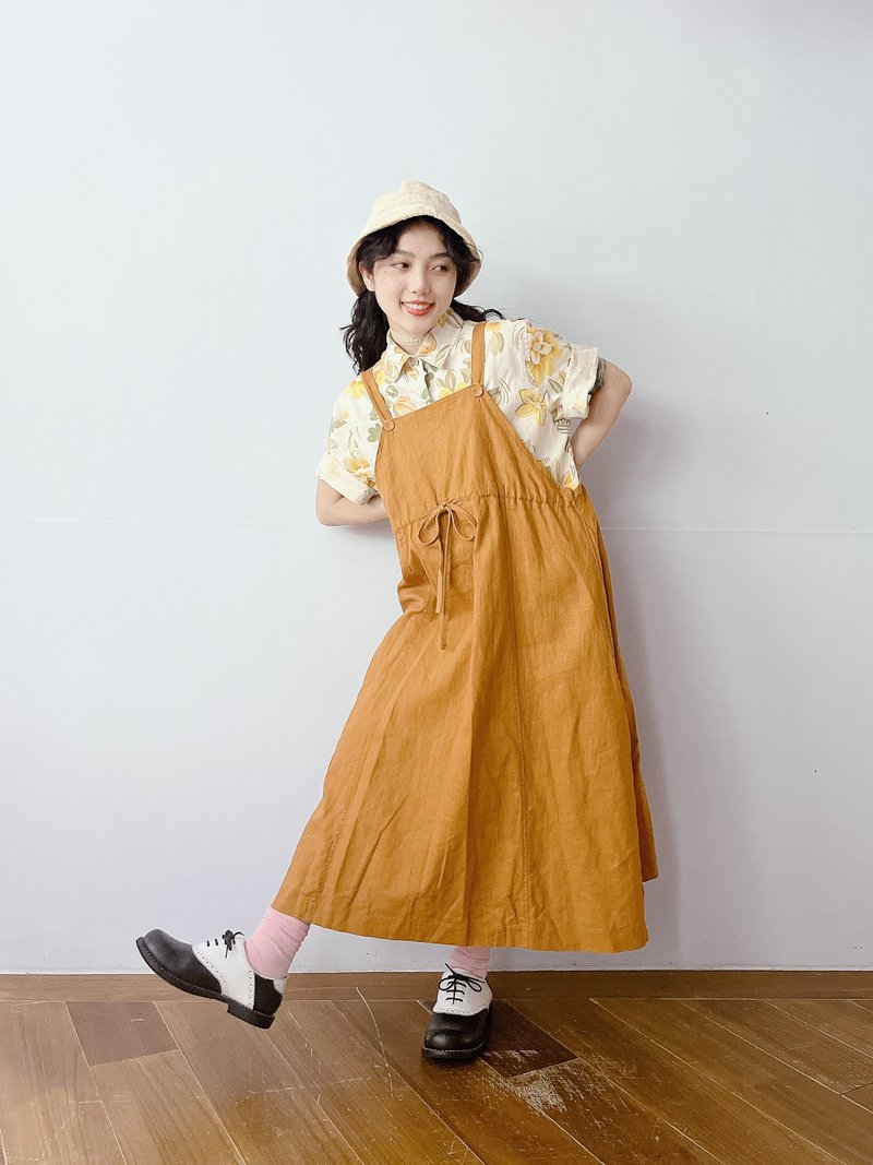 袅袅百货公司-Vintage 姜黄棉麻双面穿背心裙 - 洋装/连衣裙 - 棉．麻 