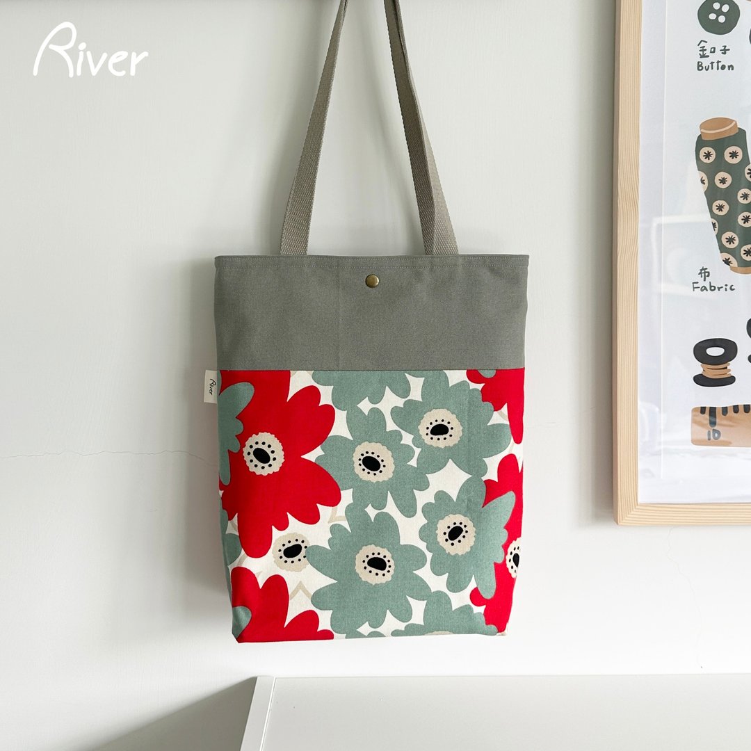 【River】肩背大散步包/日本布料/大花/红 - 手提包/手提袋 - 棉 红色