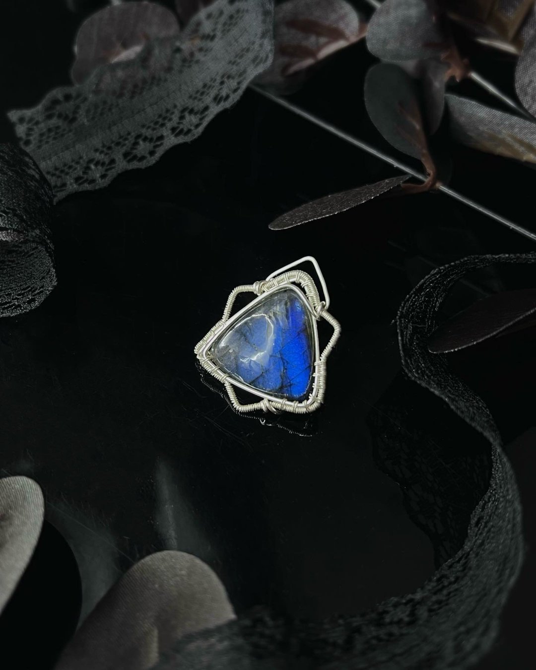 意象六芒星。拉长石-金属编织项链-水晶-矿石-艺术铜线 - 项链 - 水晶 蓝色