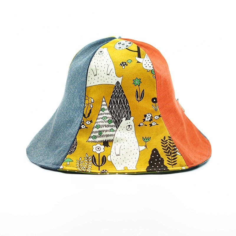 小牛村 Calf Village 手工双面帽 定制化 遮阳帽 日系拼接 文青 插画 {大熊探险日} 芥黄【H-311】 - 帽子 - 棉．麻 黄色