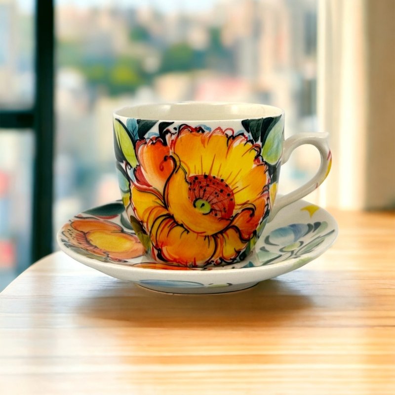 波兰手绘手工陶-咖啡杯盘组 200ML 橘霞蓝舞系列 限量版 - 咖啡杯/马克杯 - 陶 白色