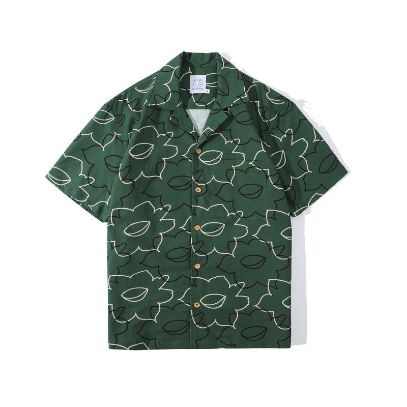 GOC Studio 水仙花图案 天丝棉麻材质衬衫 - 绿底黑白线条花 - 男装上衣/T 恤 - 棉．麻 绿色