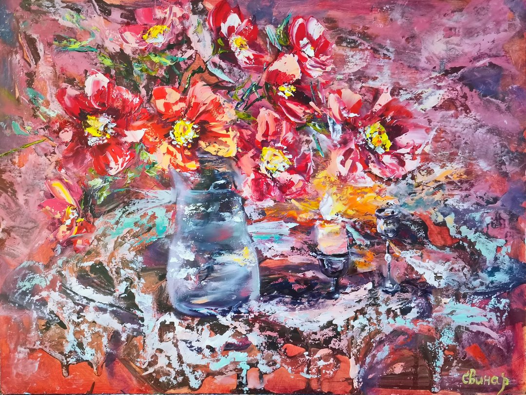 Lighted Candle Flower Bouquet Oil Painting Impasto Original Artist Svinar Oksana - 其他 - 其他材质 多色