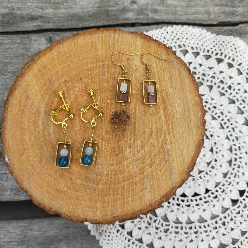 姊妹 半宝石耳环II　磷灰石、海蓝宝、芝麻红石 可改耳夹耳针 - 耳环/耳夹 - 半宝石 