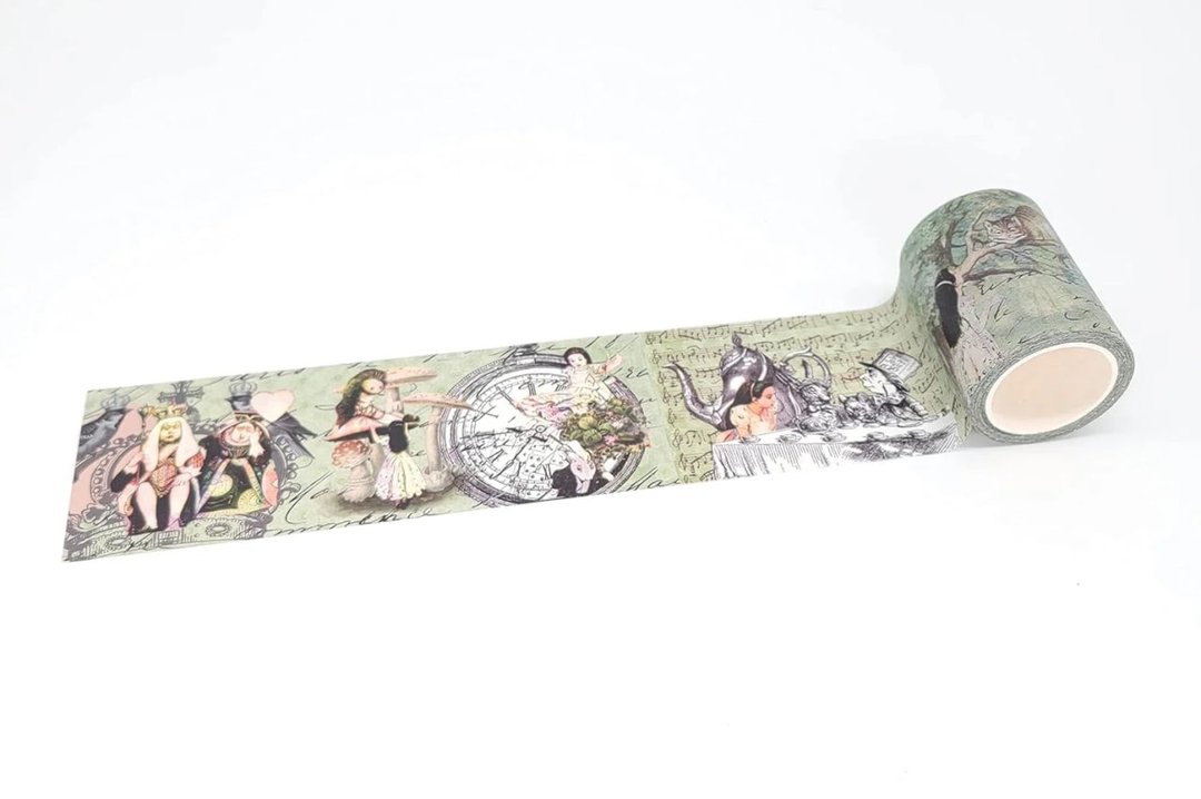 Alice in Wonderland vintage collage washi tape- 6 cm wide ta - 纸胶带 - 纸 绿色