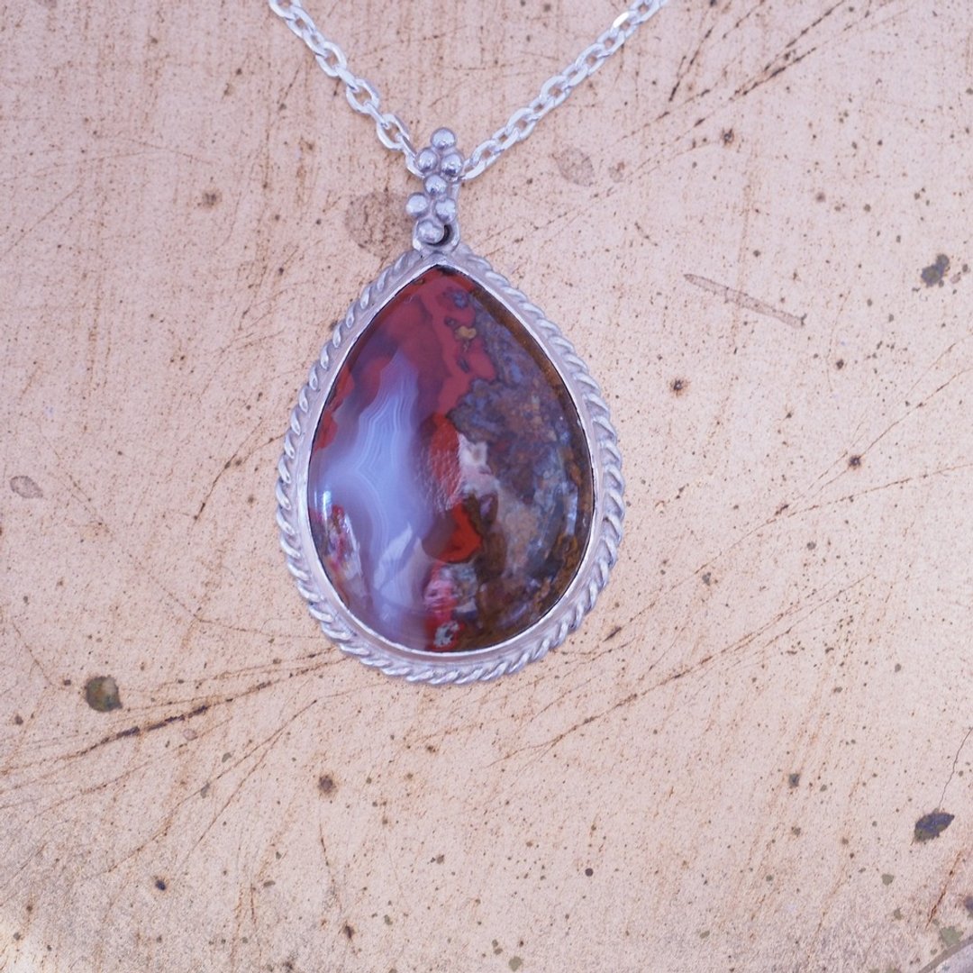 天然摩洛哥玛瑙 红玛瑙 手工纯银项链 Moroccan Seam Agate - 项链 - 半宝石 红色