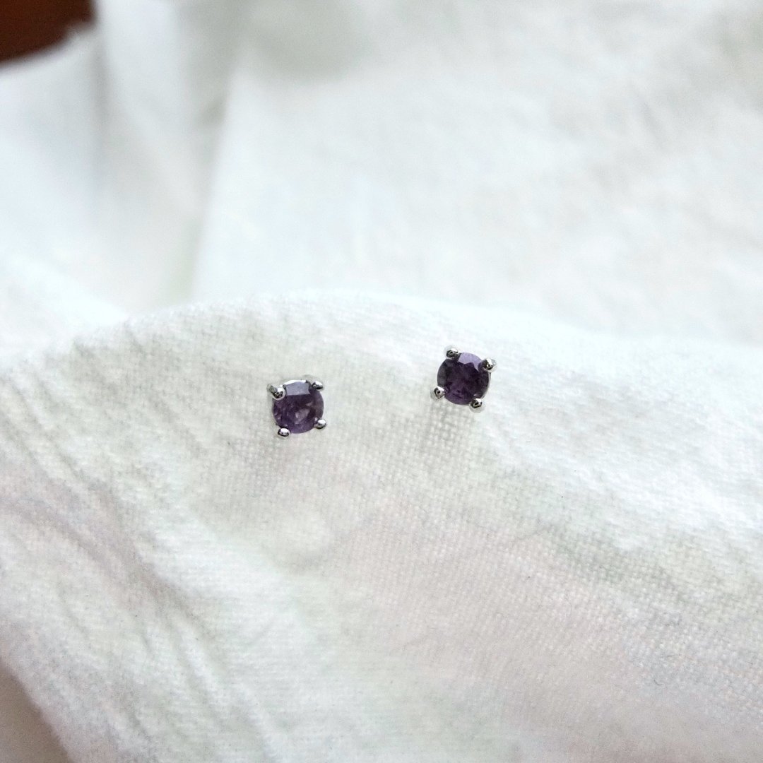 紫水晶925纯银爪镶设计耳环 - 耳环/耳夹 - 宝石 紫色
