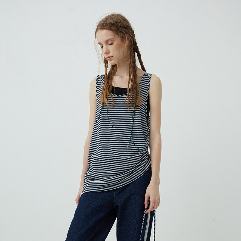 色织牛仔抽绳条纹背心 - 女装背心 - 棉．麻 蓝色