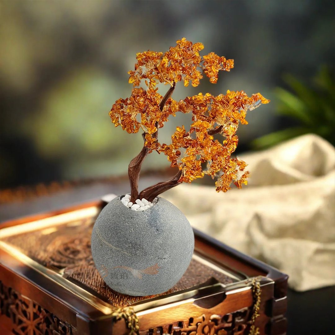 腾彪琥珀 天然琥珀蜜蜡 手作精工 金硕琥珀招财树 风水招财 摆件 - 摆饰 - 半宝石 橘色