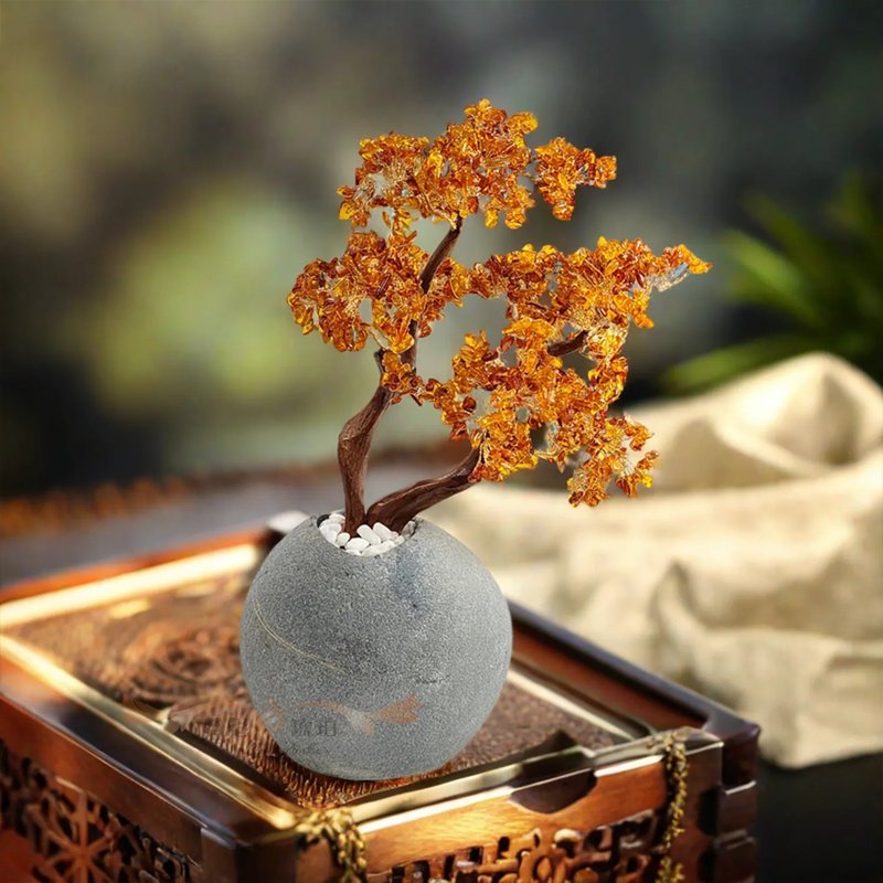 腾彪琥珀 天然琥珀蜜蜡 手作精工 金硕琥珀招财树 风水招财 摆件 - 摆饰 - 半宝石 橘色
