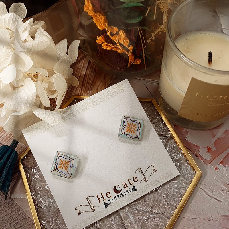 绘饰品-花砖系列-映烛沐浴-复古文青手作耳钉耳夹耳环 - 耳环/耳夹 - 其他材质 白色