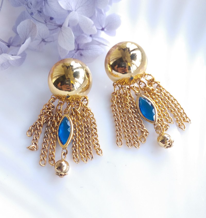 Vintage Jewelry 西洋古董饰品 金色调 复古流苏 针式耳环 - 耳环/耳夹 - 其他金属 透明