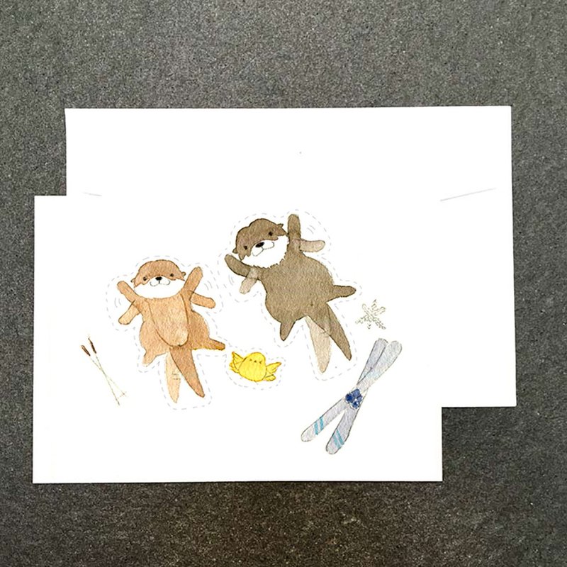 可爱水獭雪地游玩水彩明信片 - 卡片/明信片 - 纸 