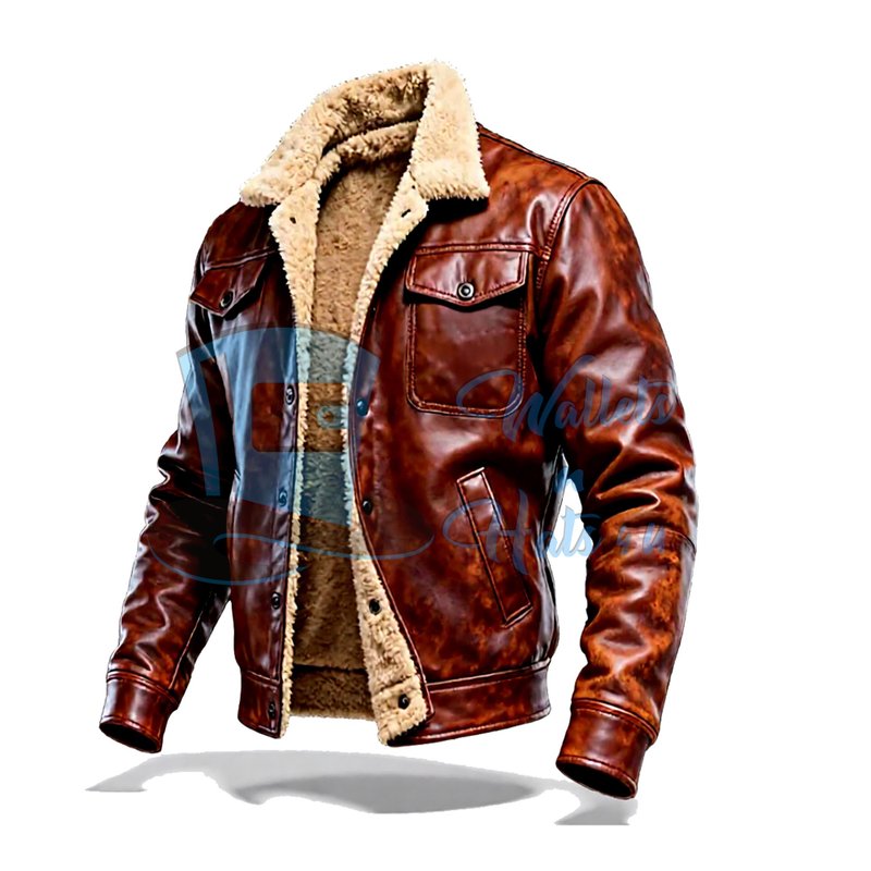 仿羊羔毛领复古棕色飞行员夹克 - 男装外套 - 真皮 咖啡色