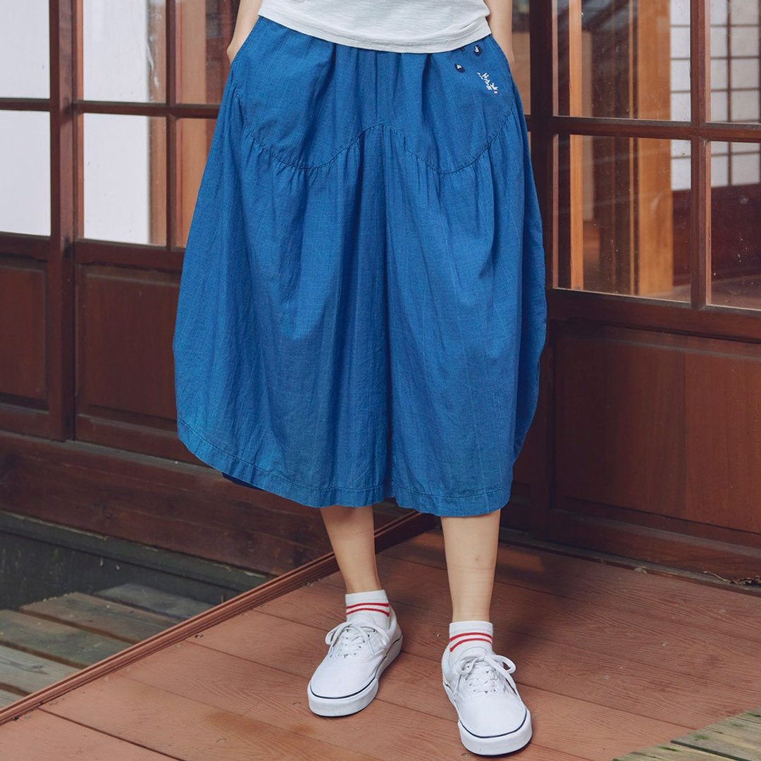 江户胜 日系 女款 抽绳斜边裤裙(中古蓝) #裤裙 - 女装长裤 - 棉 蓝色