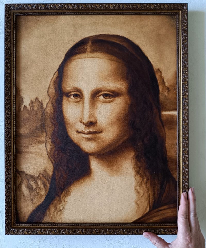 蒙娜丽莎油画肖像灰色画技法带框绘画 35*45 厘米 - 墙贴/壁贴 - 其他金属 咖啡色