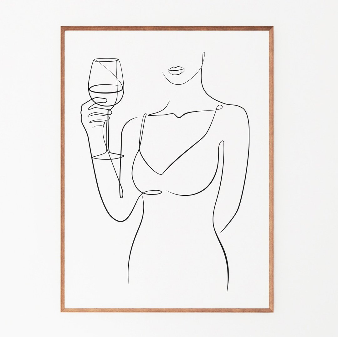 Woman with glass of wine line art, Minimalist print, One line drawing - 电子手绘真人画像/绘画/插画 - 其他材质 