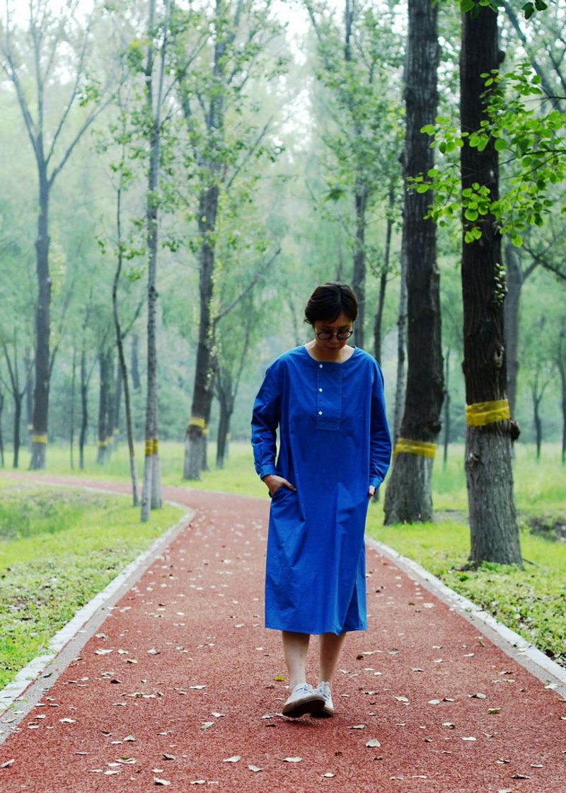 拾弃原创女装草木蓝染通勤长款棉麻连衣裙长袖 - 洋装/连衣裙 - 棉 