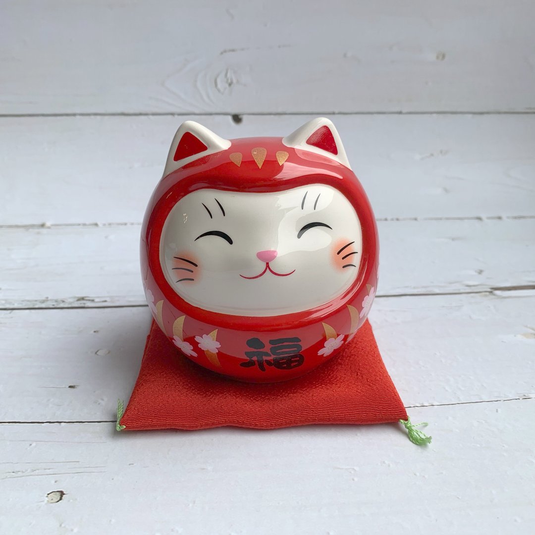 彩绘招财猫达摩-存钱筒-红色/樱花/中型-日本吉祥物 - 摆饰 - 陶 