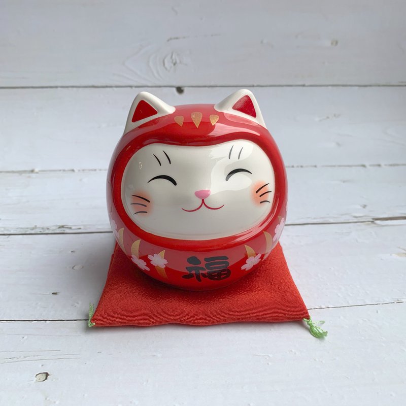 彩绘招财猫达摩-存钱筒-红色/樱花/中型-日本吉祥物 - 摆饰 - 陶 