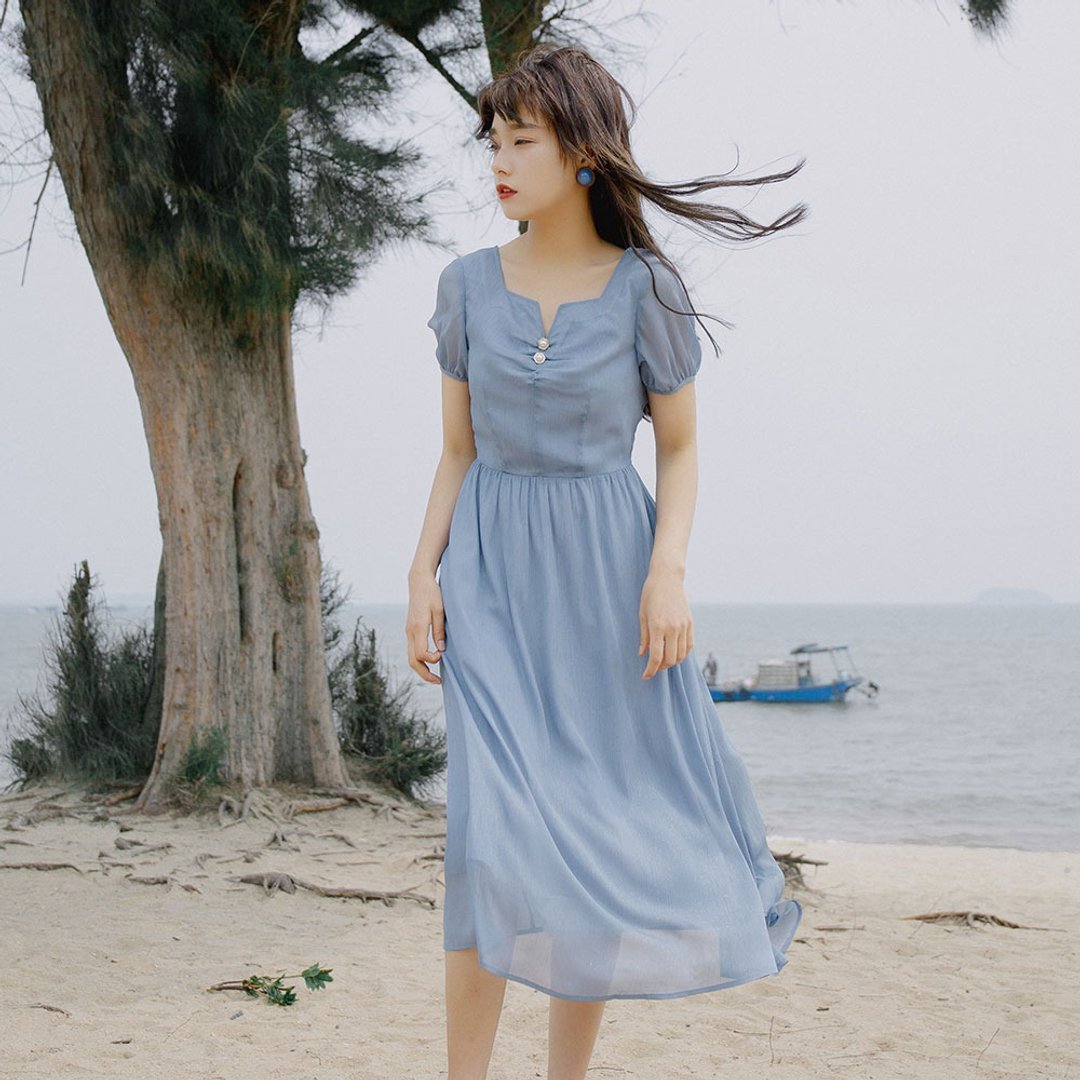 【满送吊带】安妮陈2019夏季后背撞色压皱连身裙洋装 9336 - 洋装/连衣裙 - 聚酯纤维 蓝色