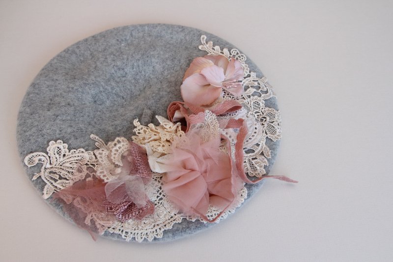 大人冷帽 画家帽 复古系列 森女系列 蕾丝画家帽 子母装 - 帽子 - 羊毛 灰色