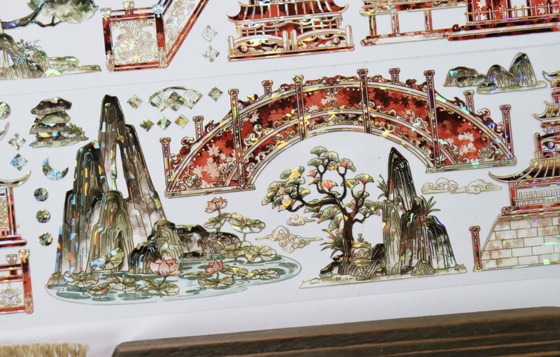 红楼一梦 まつマツ 東方庭園 PET 紙膠帶 貝殼光 10米卷 - 纸胶带 - 其他材质 红色