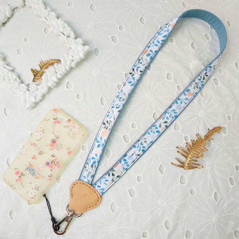 灰蓝色系Y型减压双色花布真皮手机颈挂绳 - 挂绳/吊绳 - 棉．麻 蓝色