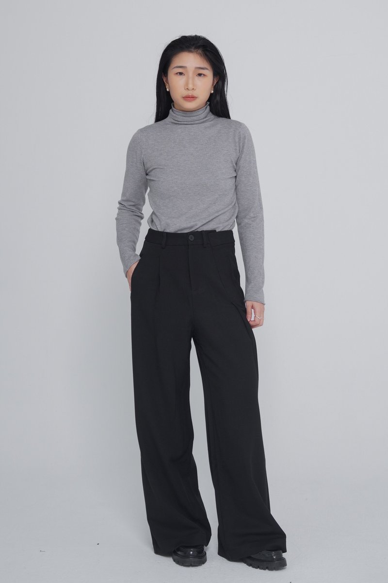 不对称双折西装宽裤 - 黑 - 女装长裤 - 棉．麻 黑色
