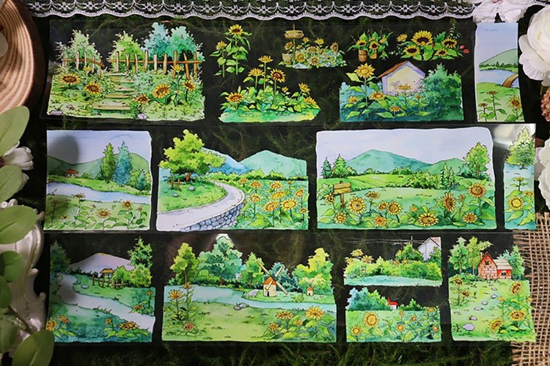 整卷OKMT新七天流麻咕卡贴纸PET手帐手账胶带水晶特油 向日葵风景 - 纸胶带 - 塑料 绿色