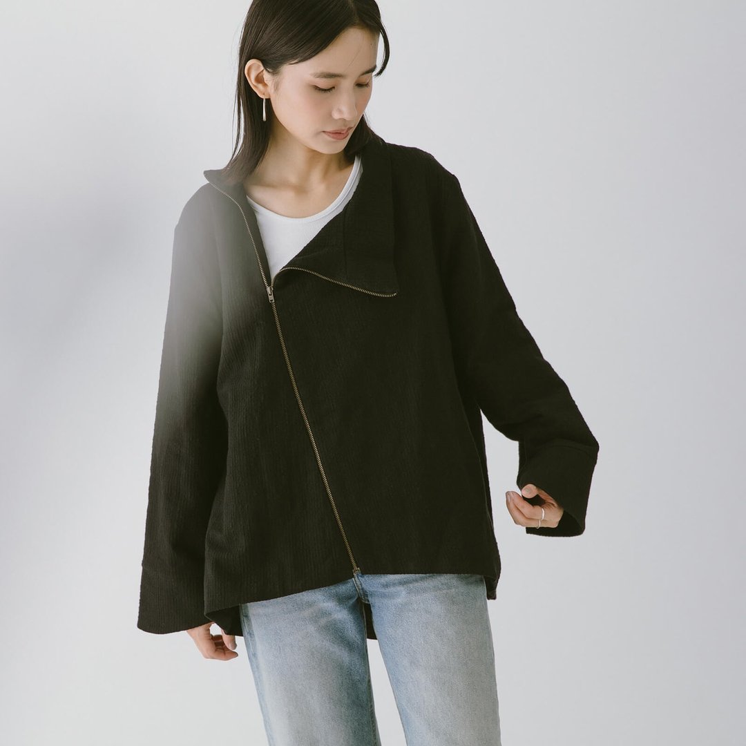 立领斜拉链外套 - 黑 - 女装休闲/机能外套 - 棉 黑色