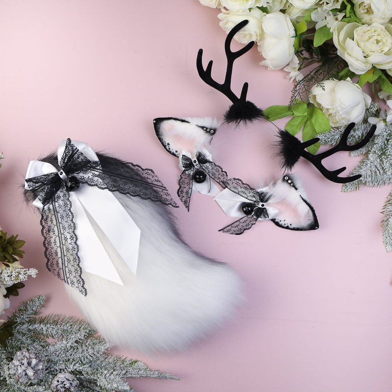白色和灰色鹿耳朵和尾巴套装 - 发饰 - 其他人造纤维 灰色