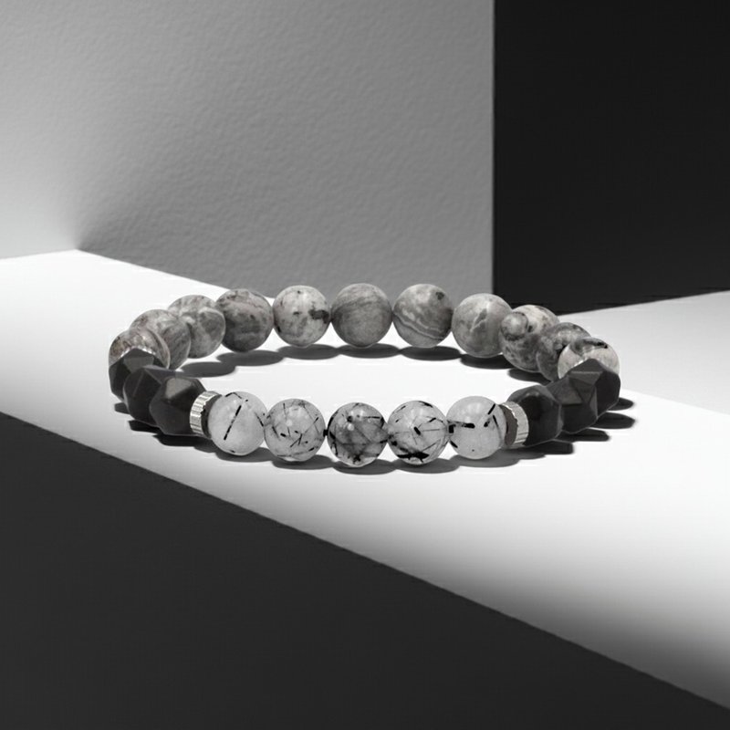 骑士Knight | 银铠盔甲 x 黑发晶银曜石手链(太空银) - 手链/手环 - 半宝石 黑色