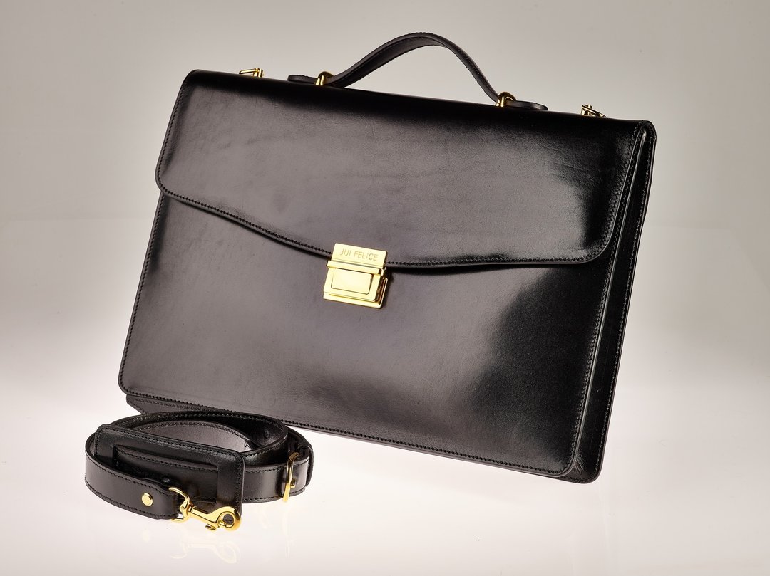 Vegetable-tanned leather briefcase / gold finish brass accessories - 公文包/医生包 - 真皮 黑色