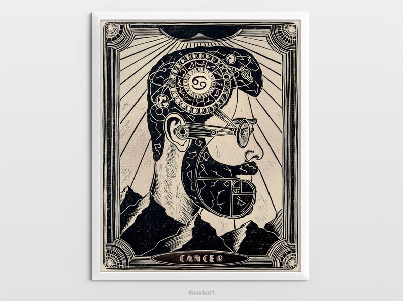 Zodiac sign print Male portrait with moon phases map wall art Linocut print - 海报/装饰画/版画 - 纸 黑色