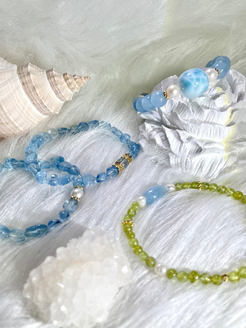 定制化 |夏日海洋.翡翠森林. 海蓝宝冰块 | 海纹石、橄榄石、珍珠 - 手链/手环 - 水晶 蓝色