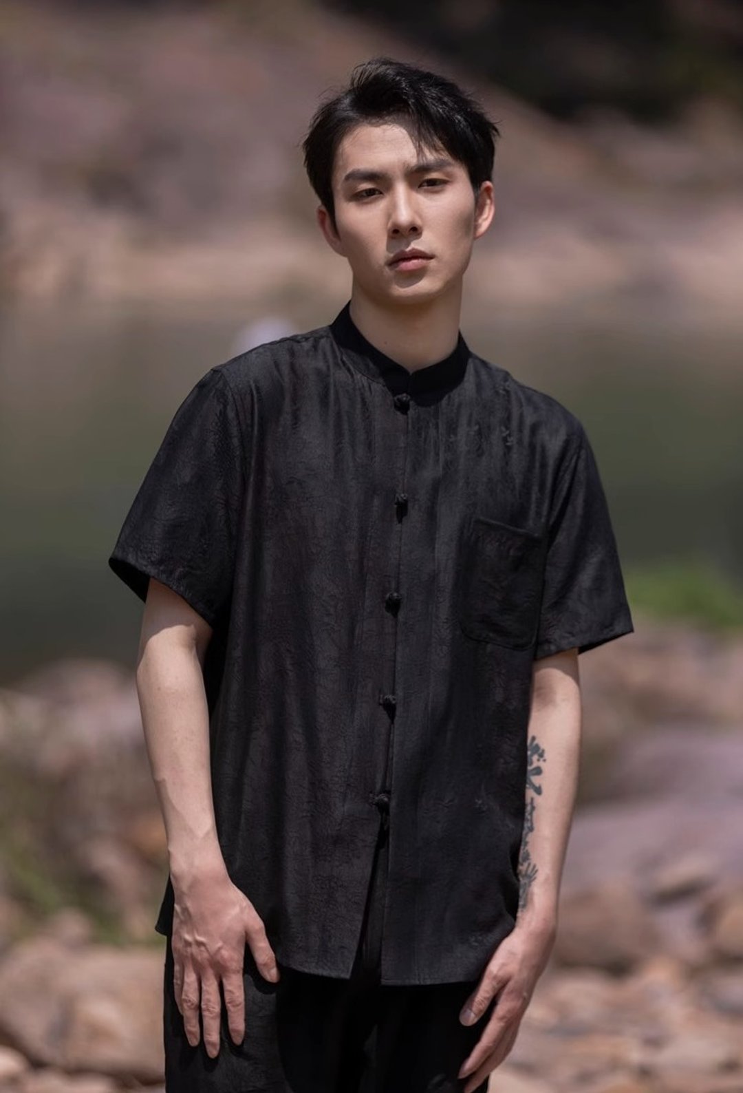 新中式极简 香云纱真丝衬衫短袖 - 男装衬衫 - 其他材质 黑色