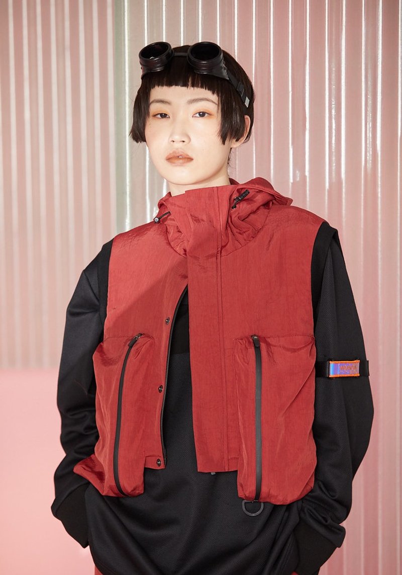 组合式高领防泼水连帽背心 - 赭红 - 女装背心 - 尼龙 红色