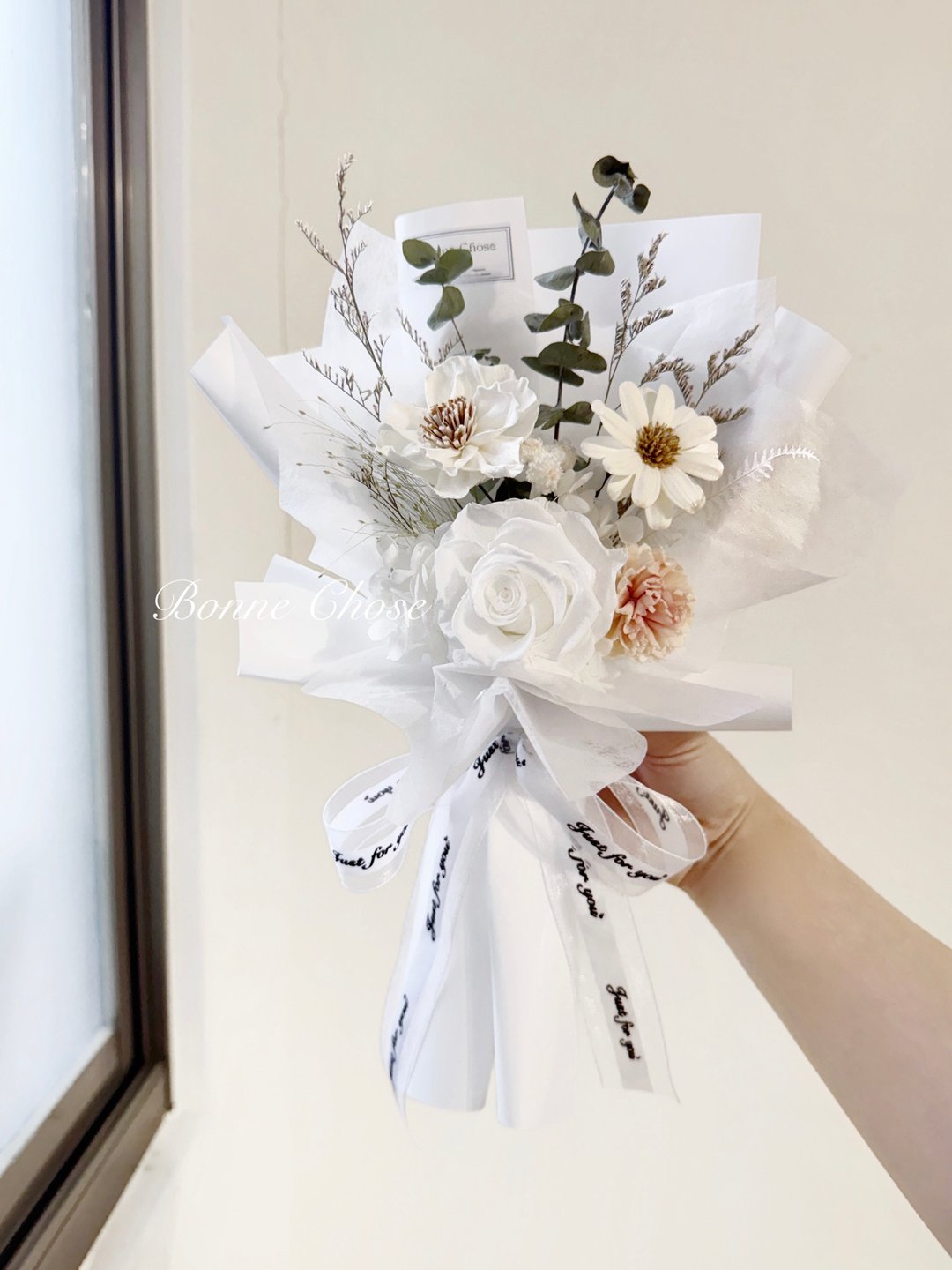 小清新白色系永生花束、生日花束、告白花束、小资礼物、送女友 - 干燥花/捧花 - 植物．花 白色