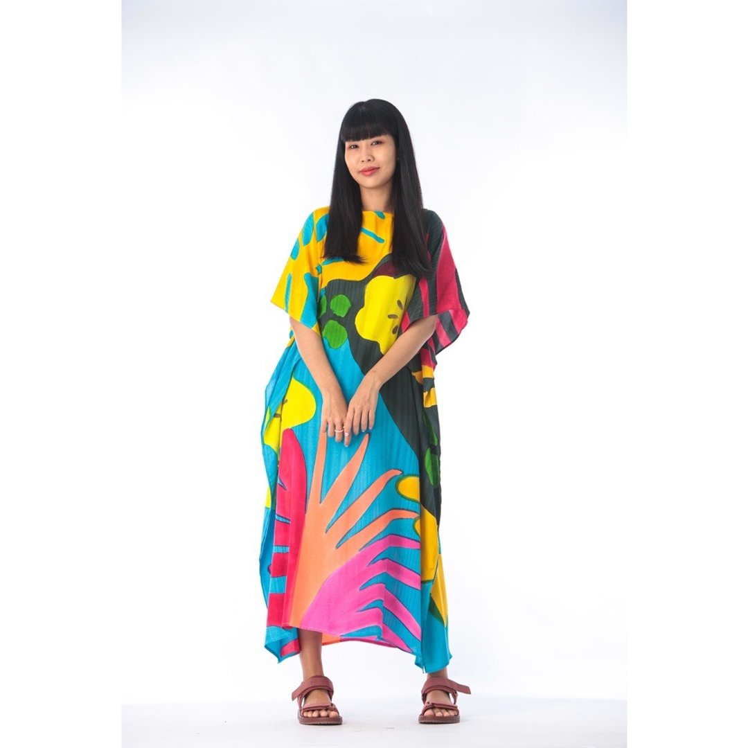 Hand Painted Cotton Silk Kaftan for Summer Resort Vacation F - 洋装/连衣裙 - 棉 绿色