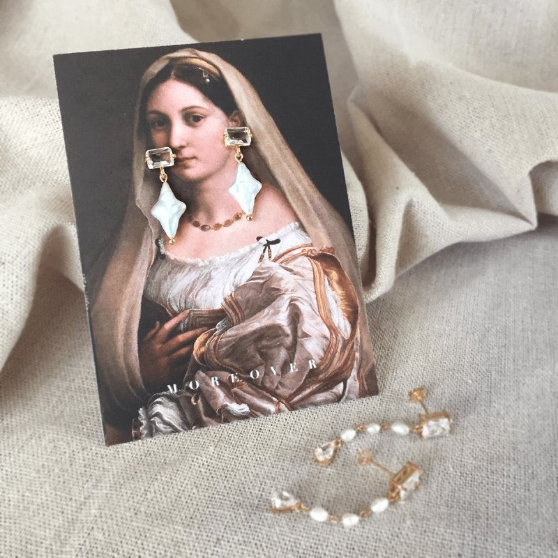 晨星 | 四芒闪星形巴洛克珍珠玻璃水晶耳针耳夹垂坠耳环(925银针) - 耳环/耳夹 - 珍珠 金色