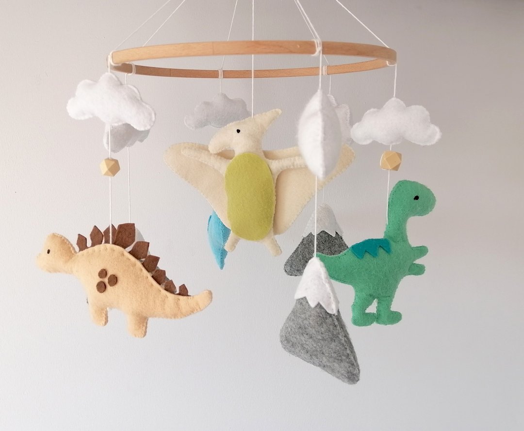 Dinosaur Baby Mobile For Neutral Nursery,Felt Dino Crib Mobile - 玩具/玩偶 - 其他材质 
