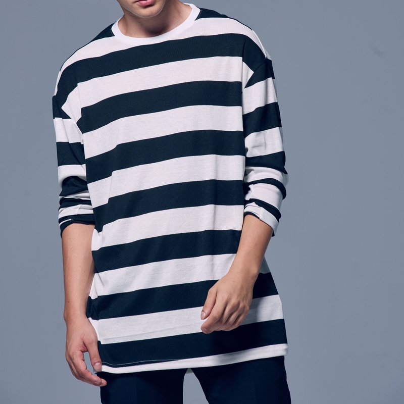 Stone'As Oversize Stripe Long Sleeve T-Shirt / 落肩 条纹 长版 - 男装上衣/T 恤 - 棉 黑色
