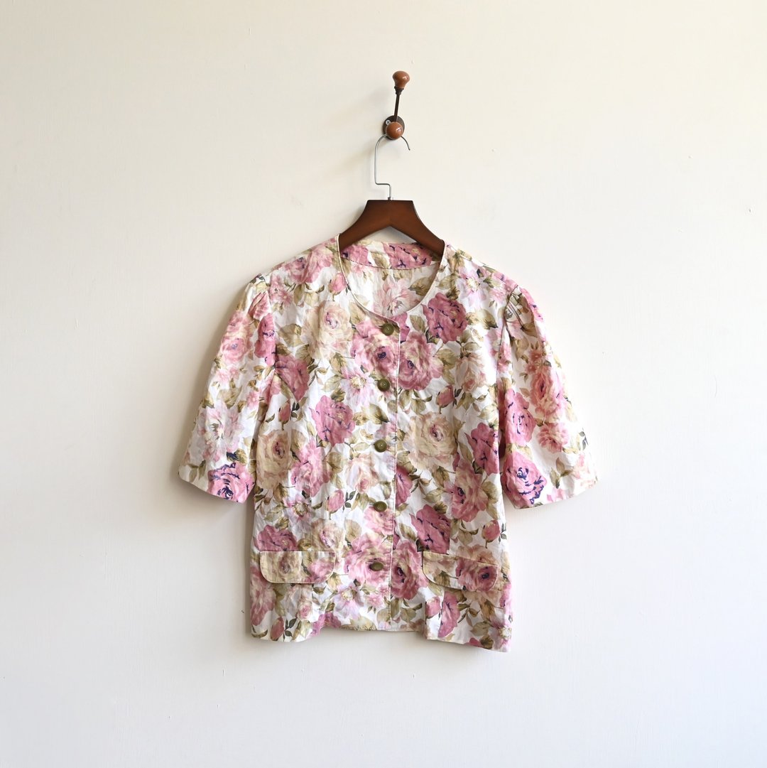 【蛋植物古着】桑田花海印花短袖古着衬衫 - 女装衬衫 - 棉 
