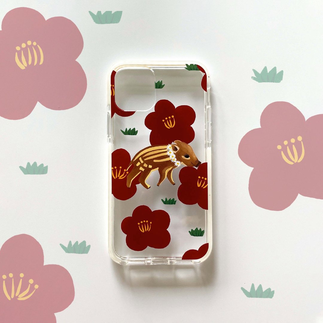 Clear iPhone Case // Baby Boar and Camellia - 手机壳/手机套 - 塑料 红色