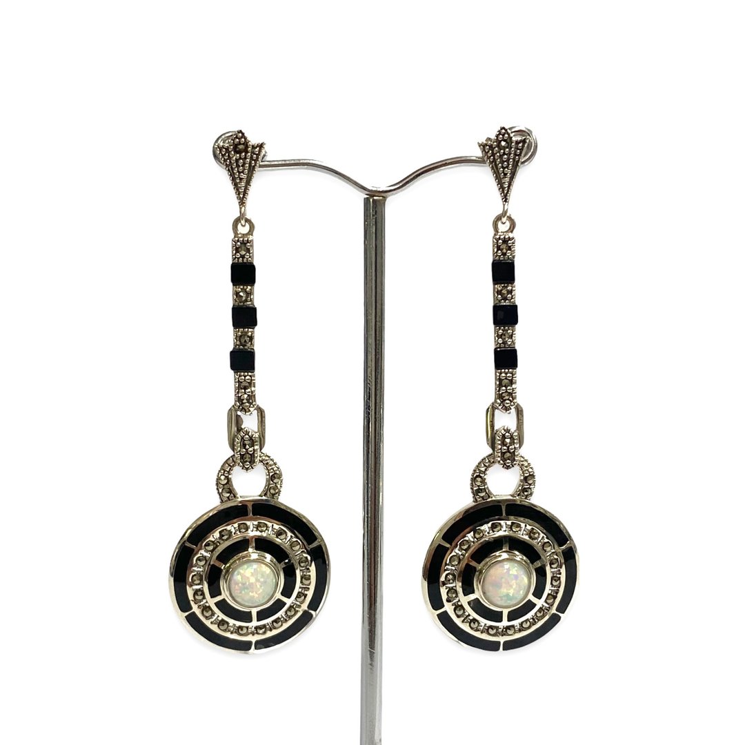 Egyptian Wallace Simpson Black Onyx & Opal Pendant and Earrings Sterling Silver - 耳环/耳夹 - 纯银 银色
