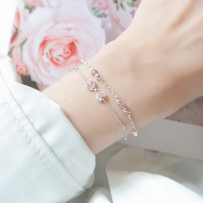 925纯银 双心 粉水晶  蝴蝶结 定制化刻字 手链 免费送礼包装 - 手链/手环 - 纯银 粉红色