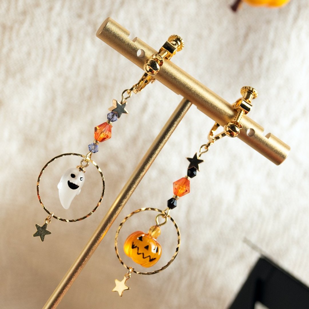 万圣节限定 南瓜鬼鬼耳环 幽灵  halloween 耳夹 耳针 - 耳环/耳夹 - 其他金属 金色